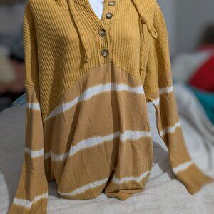 Waffle Knit Color Block Striped Drawstring Hoodie Women's Size 1X